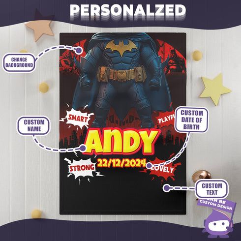 Personalized Baby Blanket - Custom Superhero Style Baby Batman Cape | Name & Date of Birth | Gift for Boys